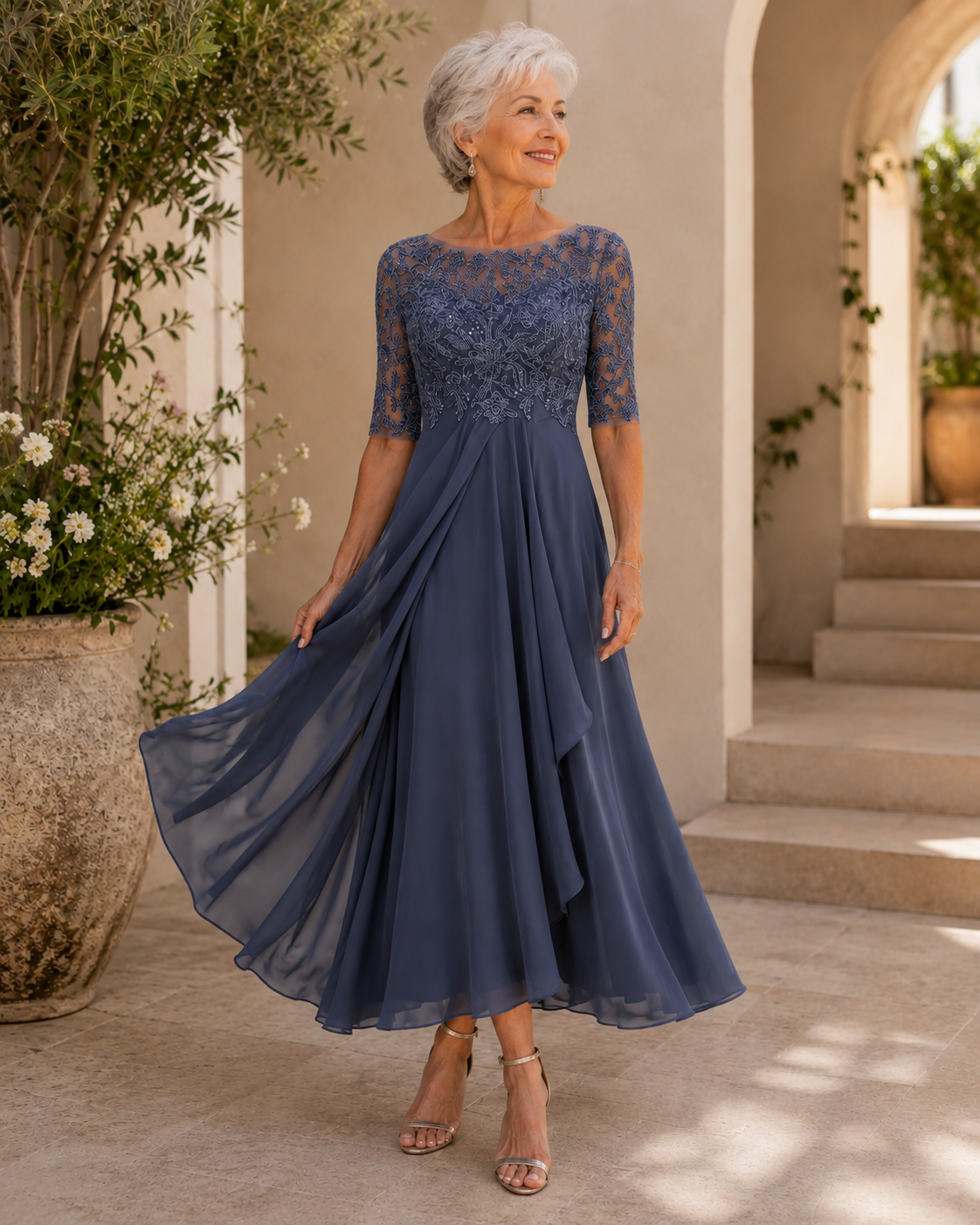 Santina | Abito Elegante in Pizzo e Chiffon