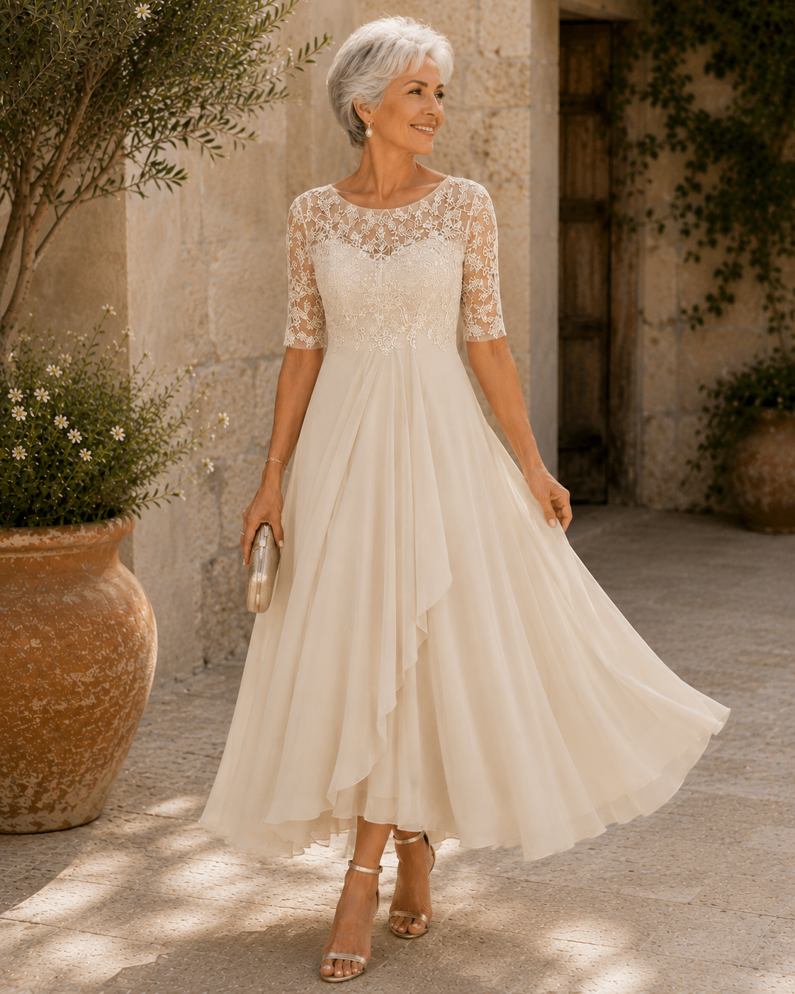 Santina | Abito Elegante in Pizzo e Chiffon