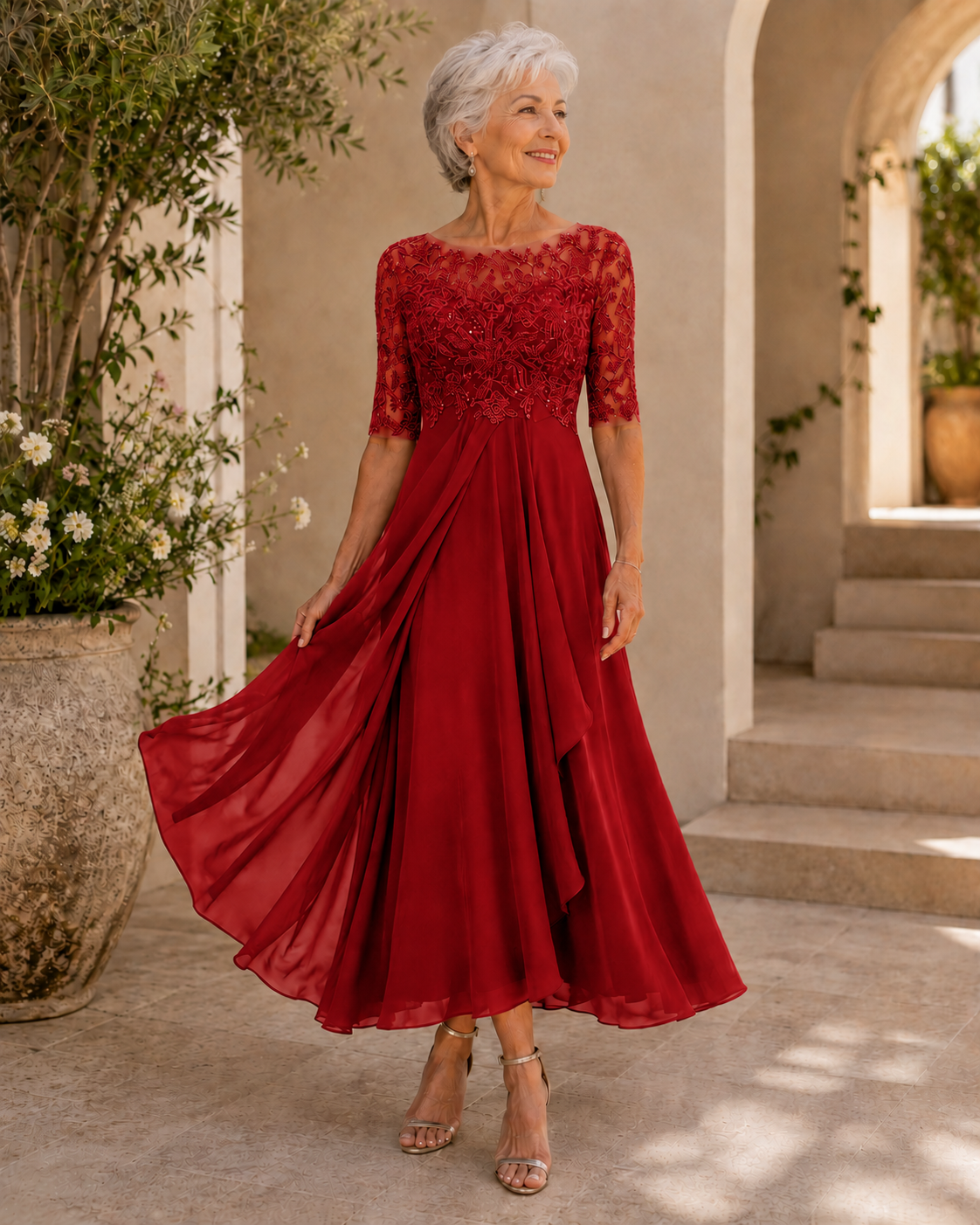 Santina | Abito Elegante in Pizzo e Chiffon
