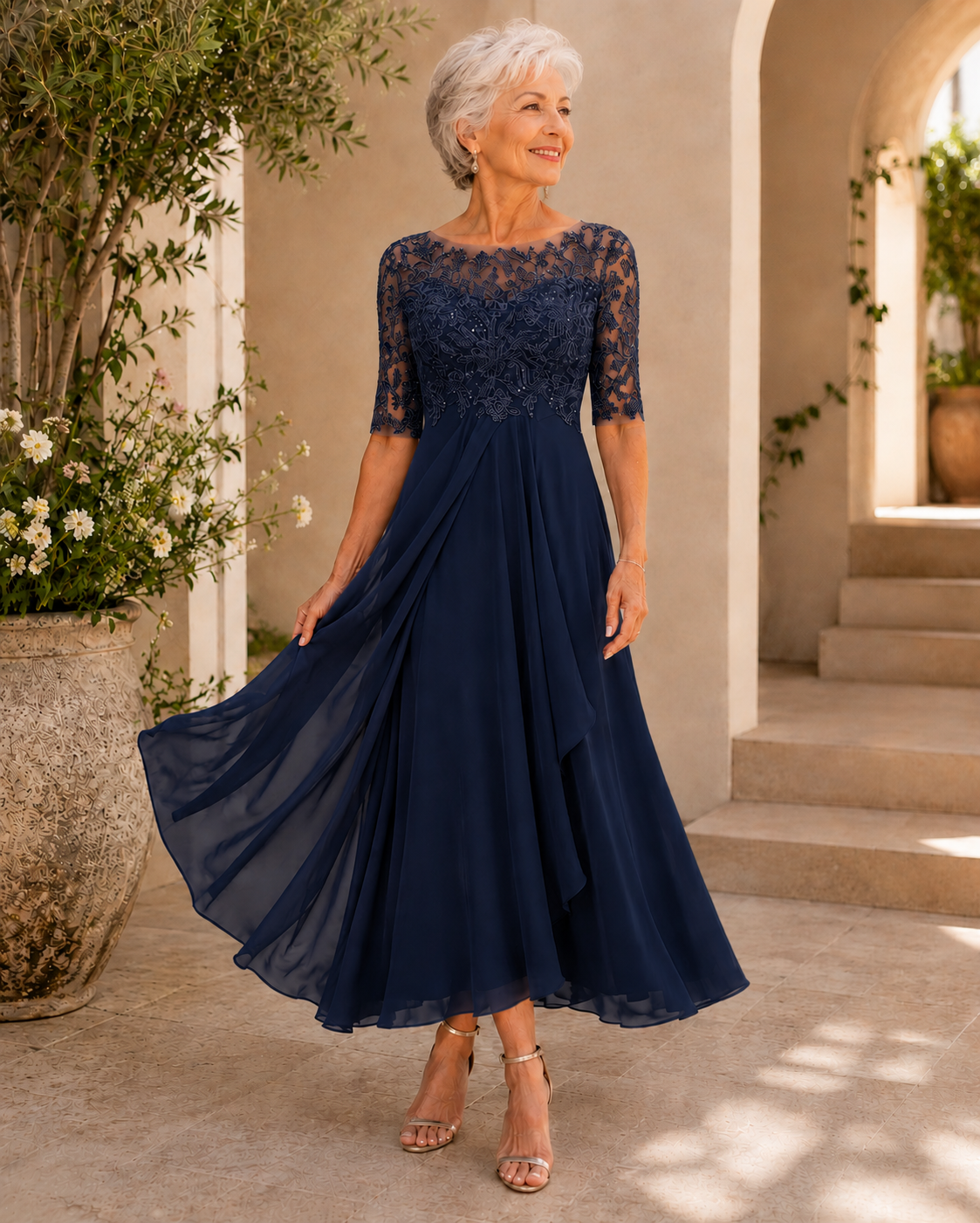 Santina | Abito Elegante in Pizzo e Chiffon