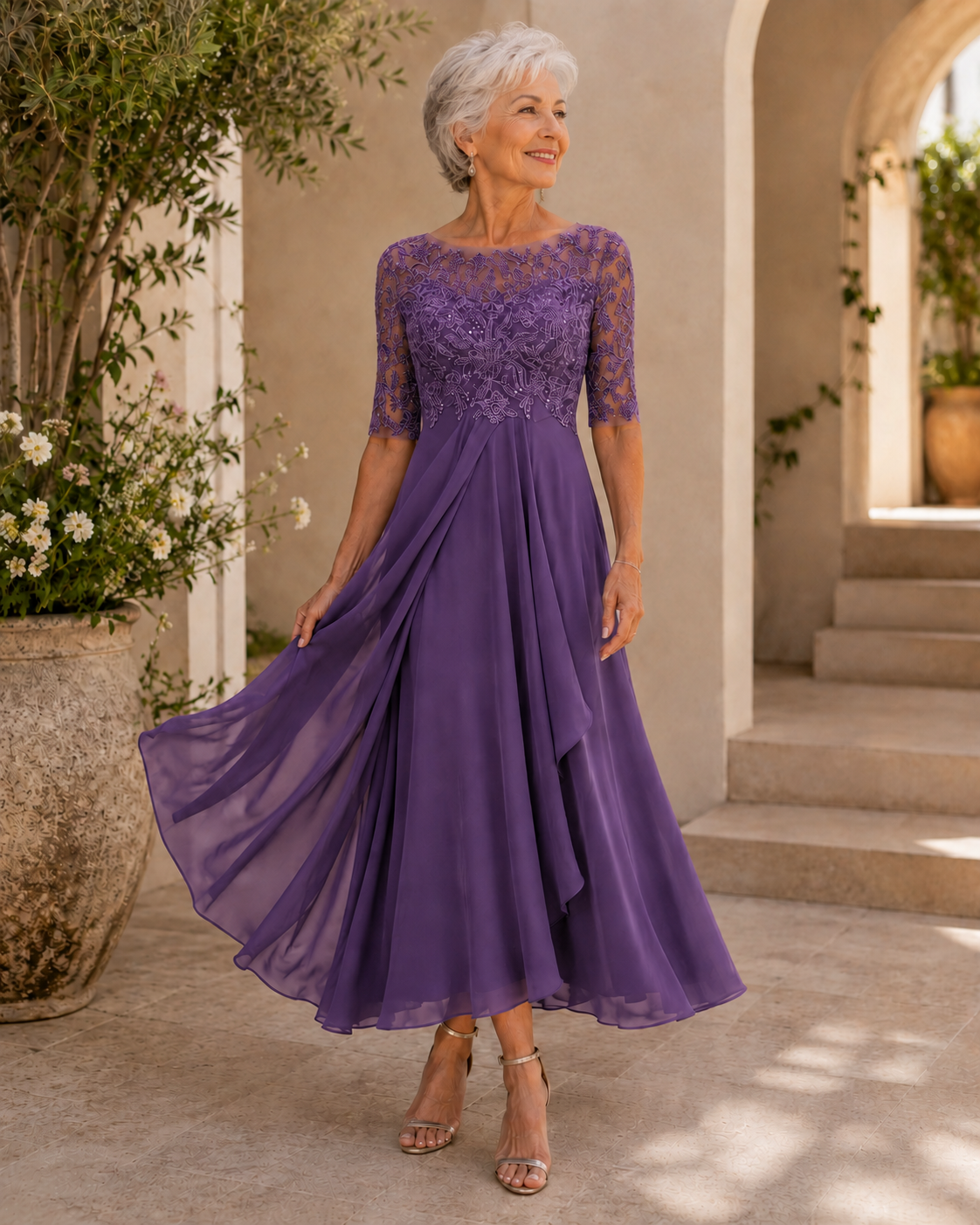 Santina | Abito Elegante in Pizzo e Chiffon