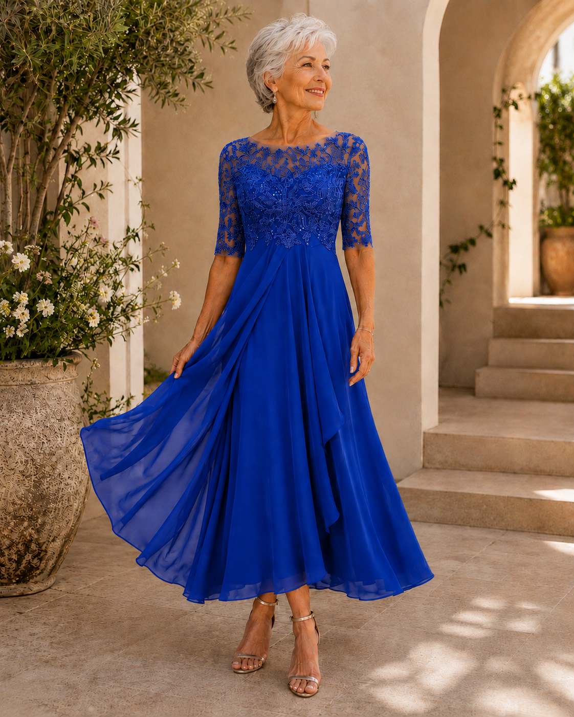 Santina | Abito Elegante in Pizzo e Chiffon