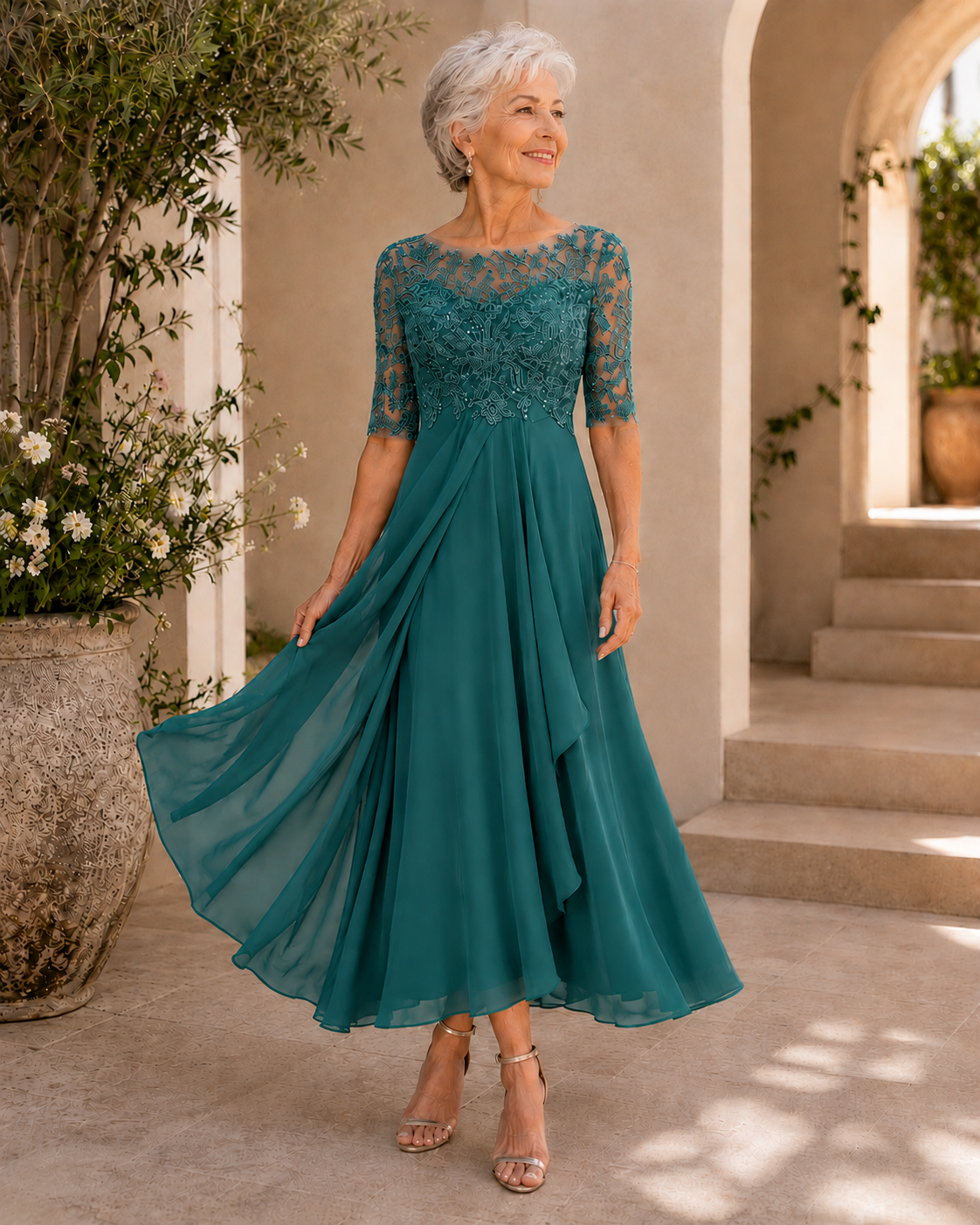 Santina | Abito Elegante in Pizzo e Chiffon
