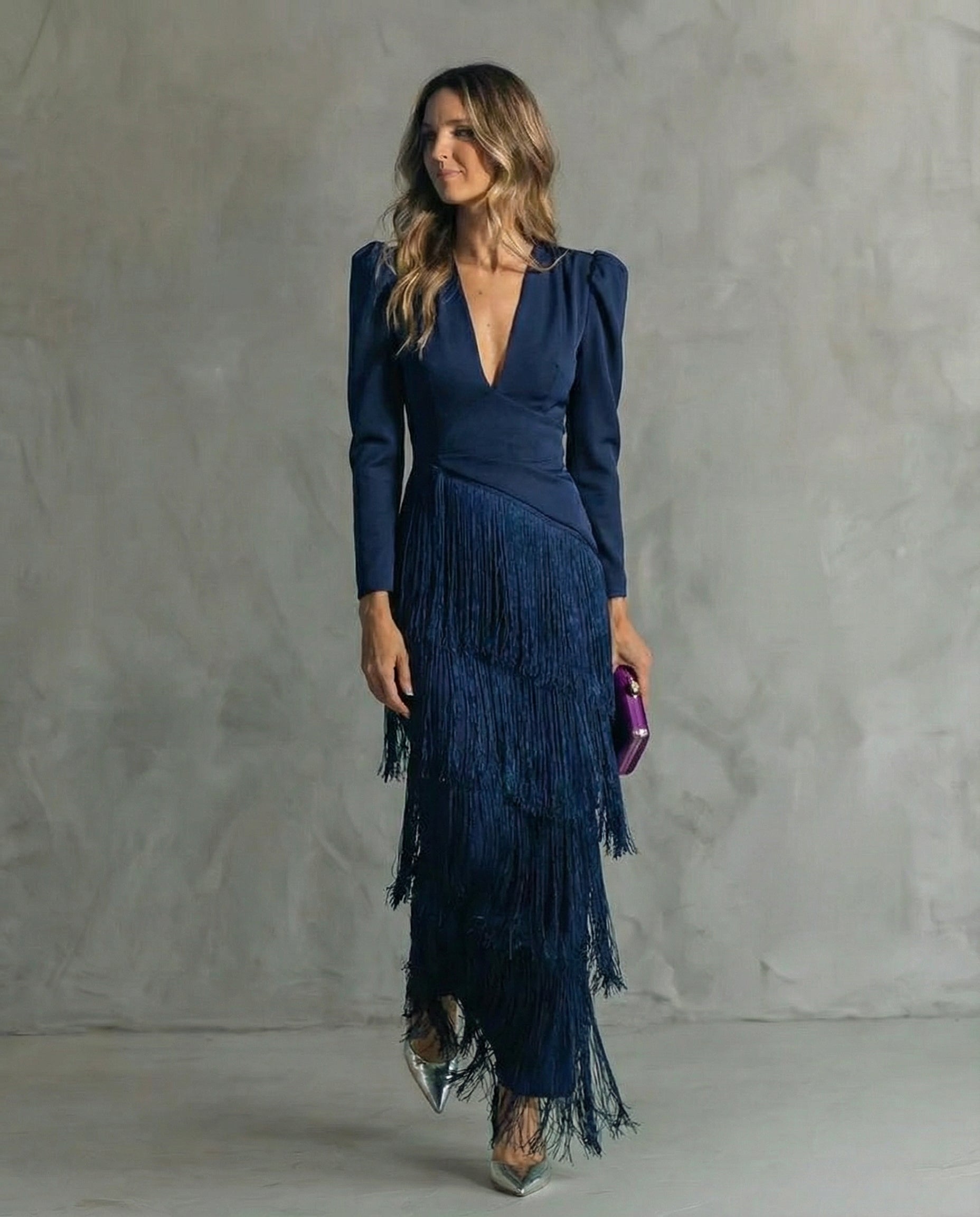 Nicla | Abito Midi con Frange e Scollo a V