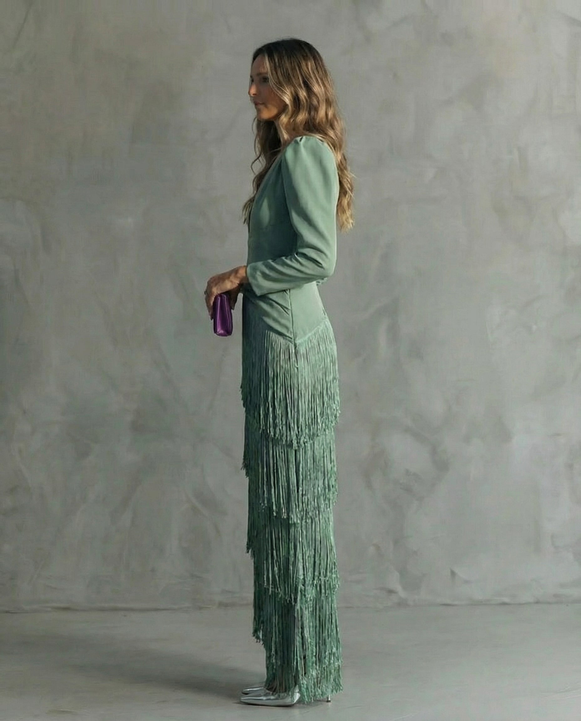 Nicla | Abito Midi con Frange e Scollo a V