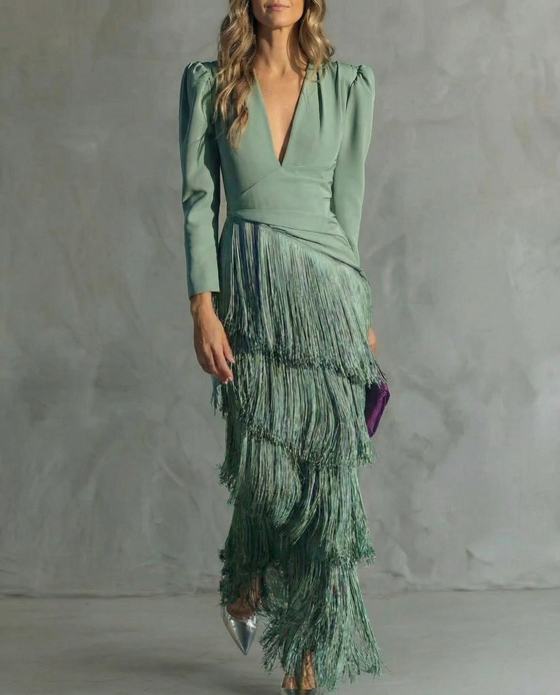 Nicla | Abito Midi con Frange e Scollo a V
