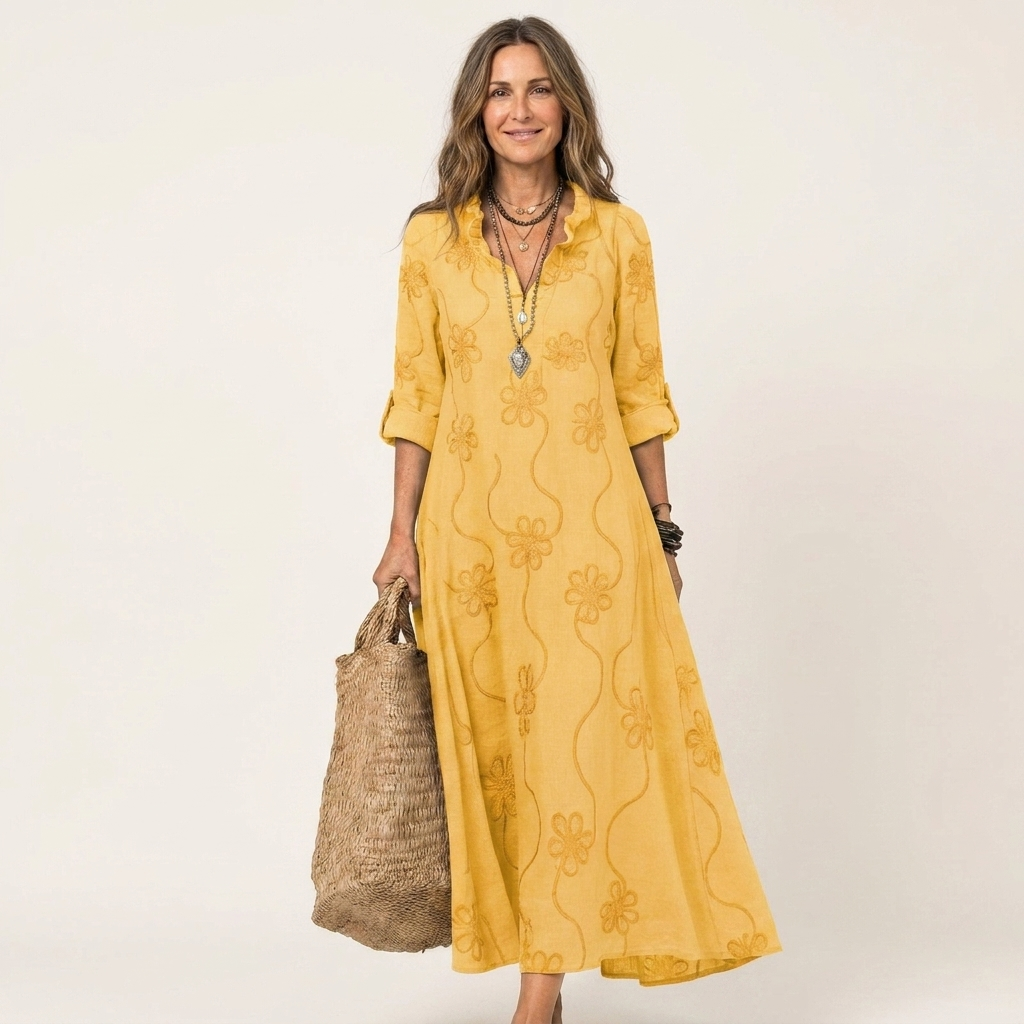 Elisabetta | Abito Maxi Ricamato con Colletto da Camicia