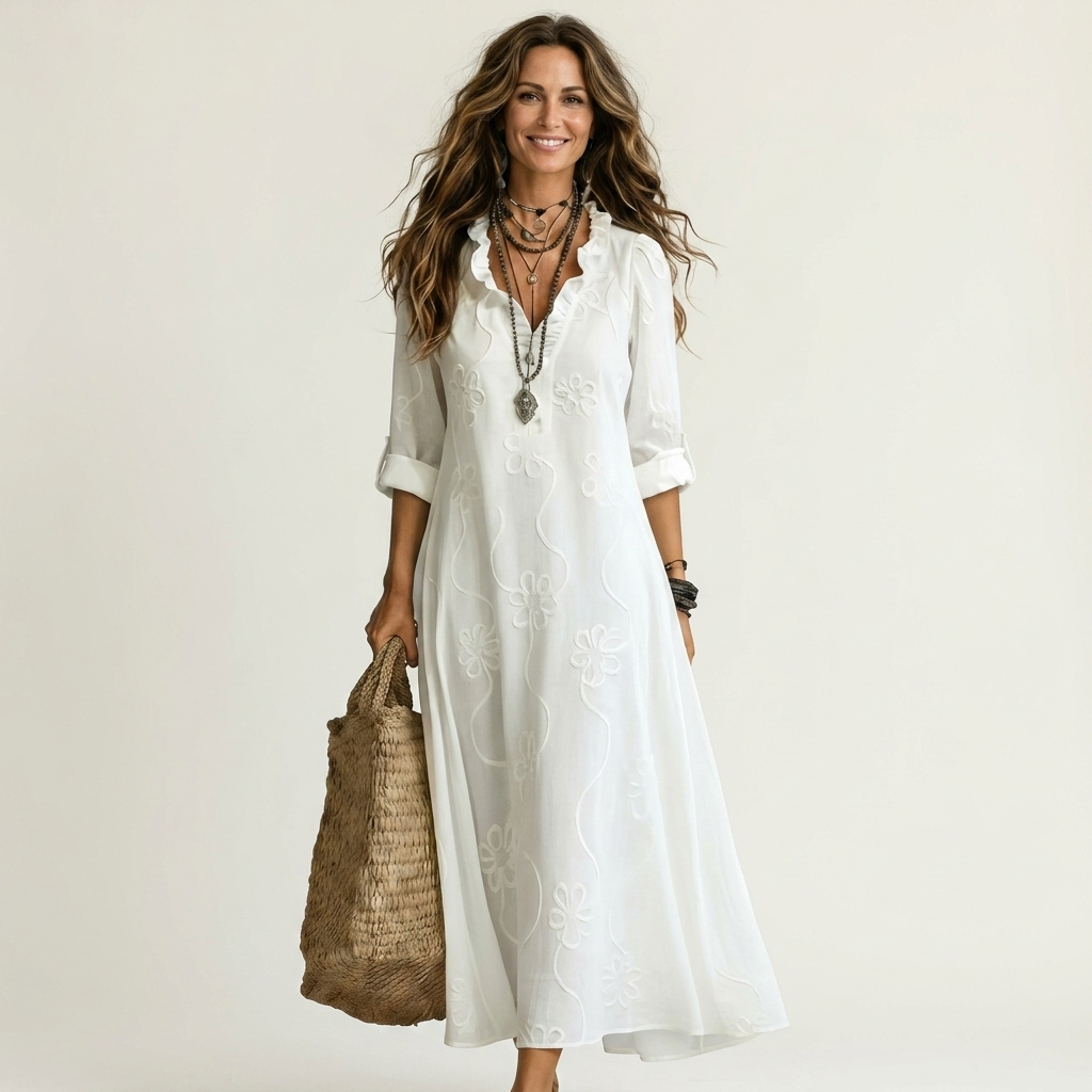 Elisabetta | Abito Maxi Ricamato con Colletto da Camicia