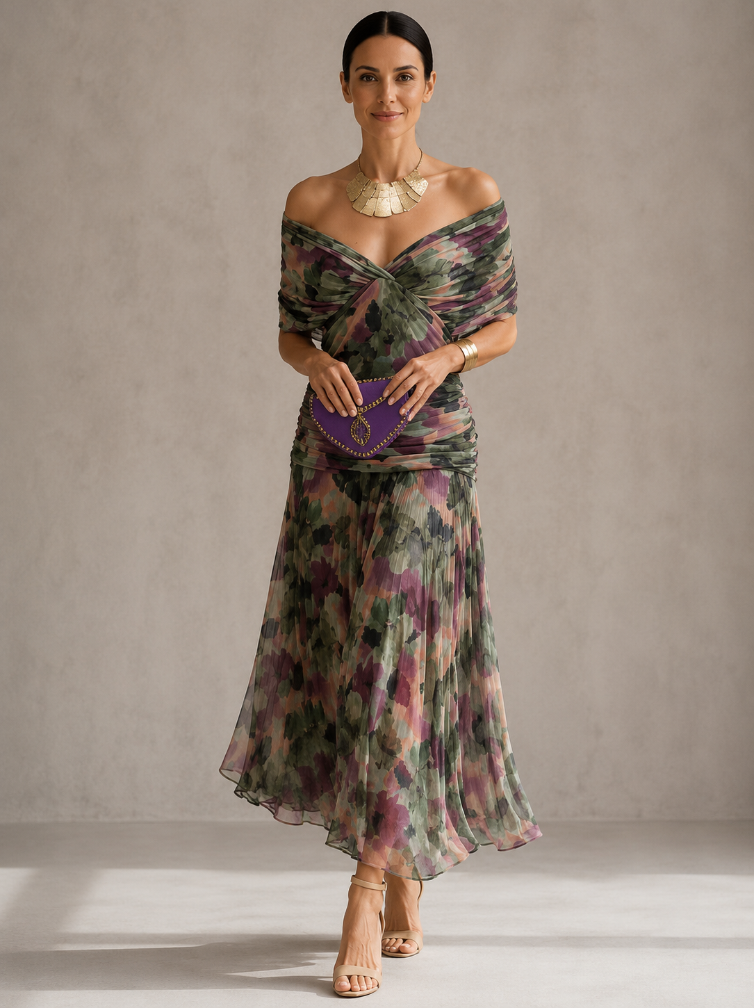 Sidonia | Abito Midi Floreale con Scollo Bardot