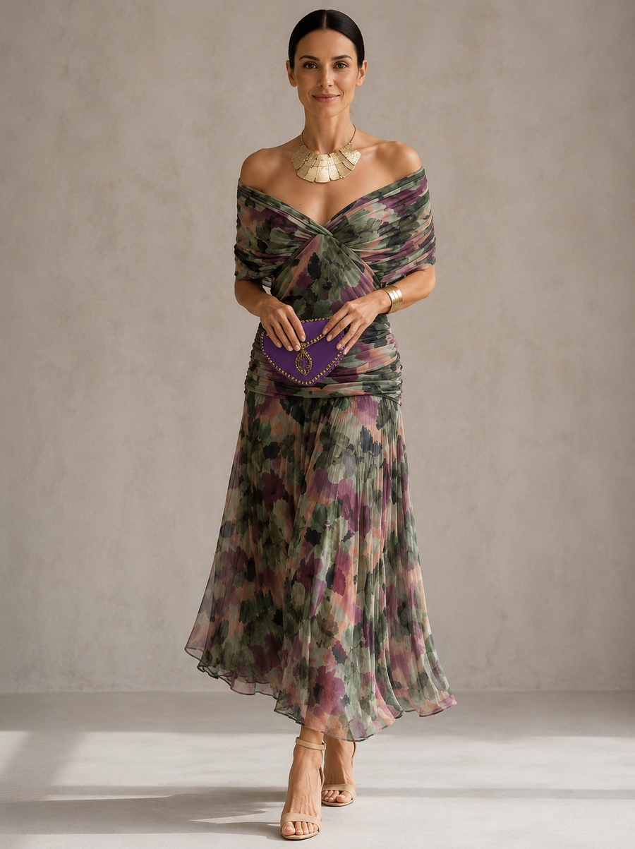 Sidonia | Abito Midi Floreale con Scollo Bardot
