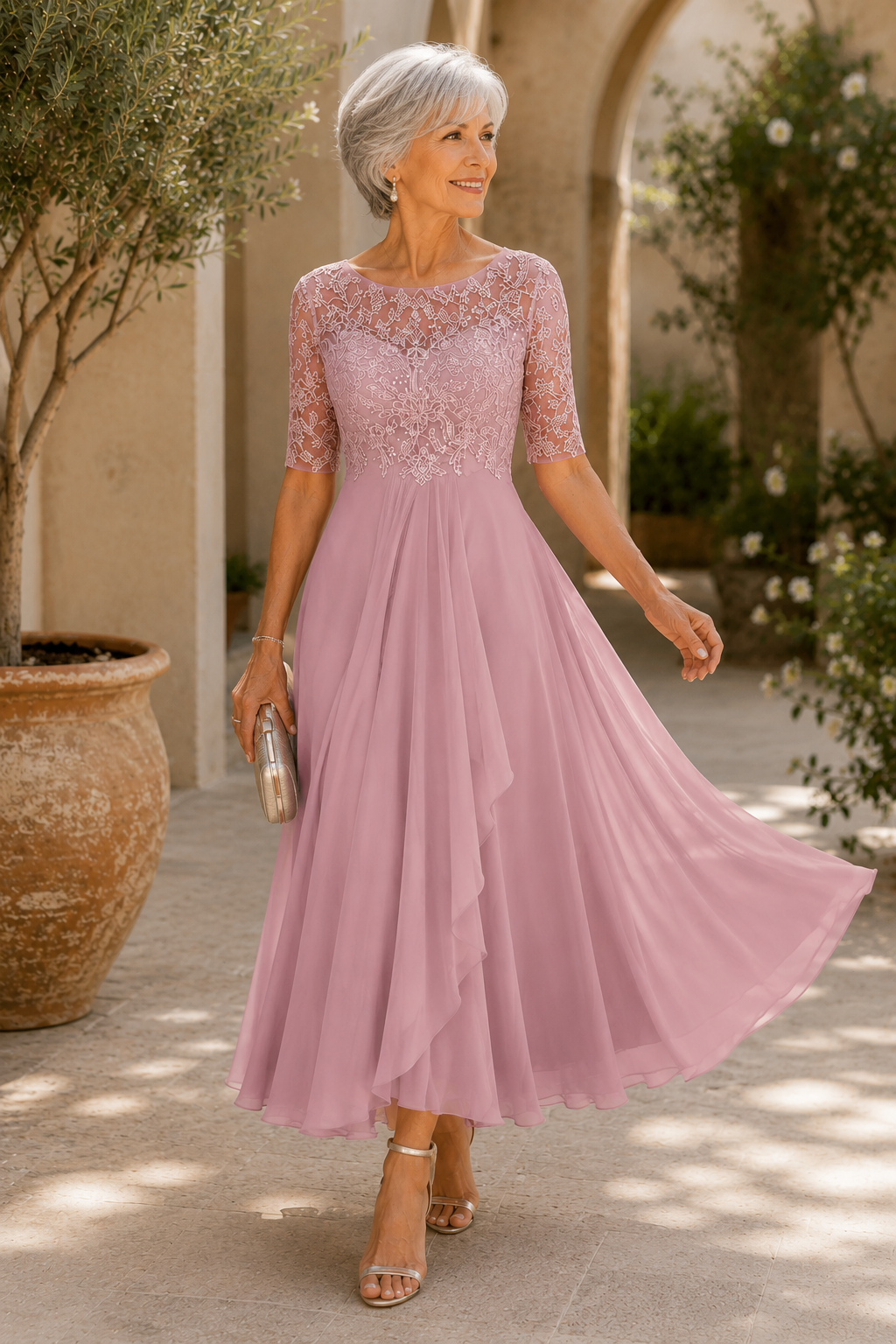 Santina | Abito Elegante in Pizzo e Chiffon