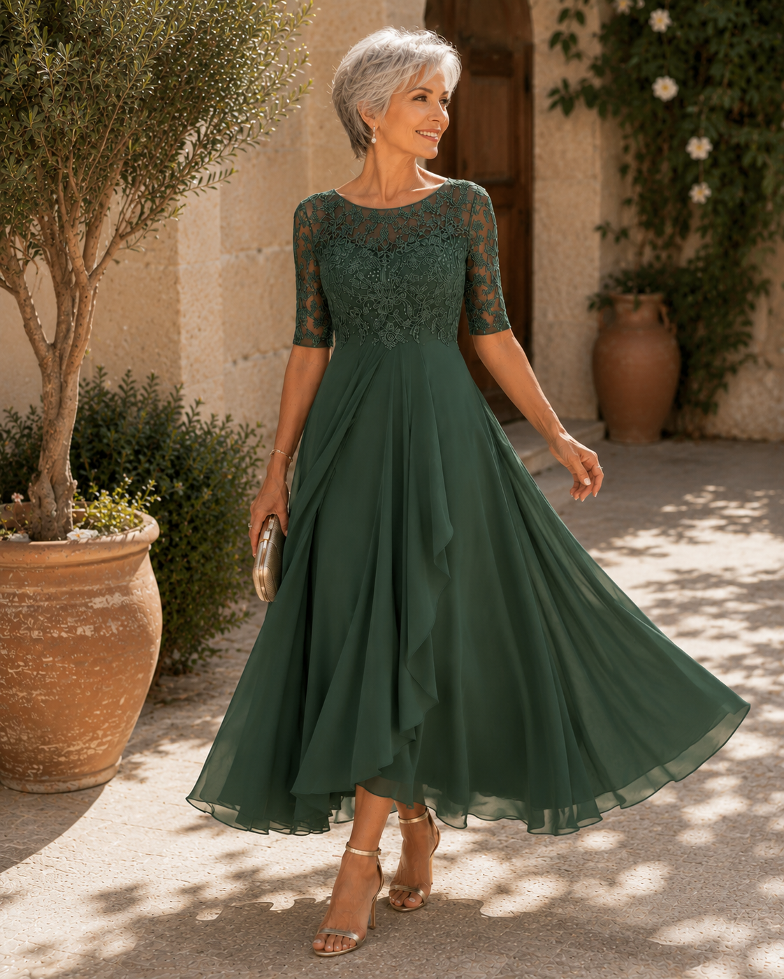 Santina | Abito Elegante in Pizzo e Chiffon