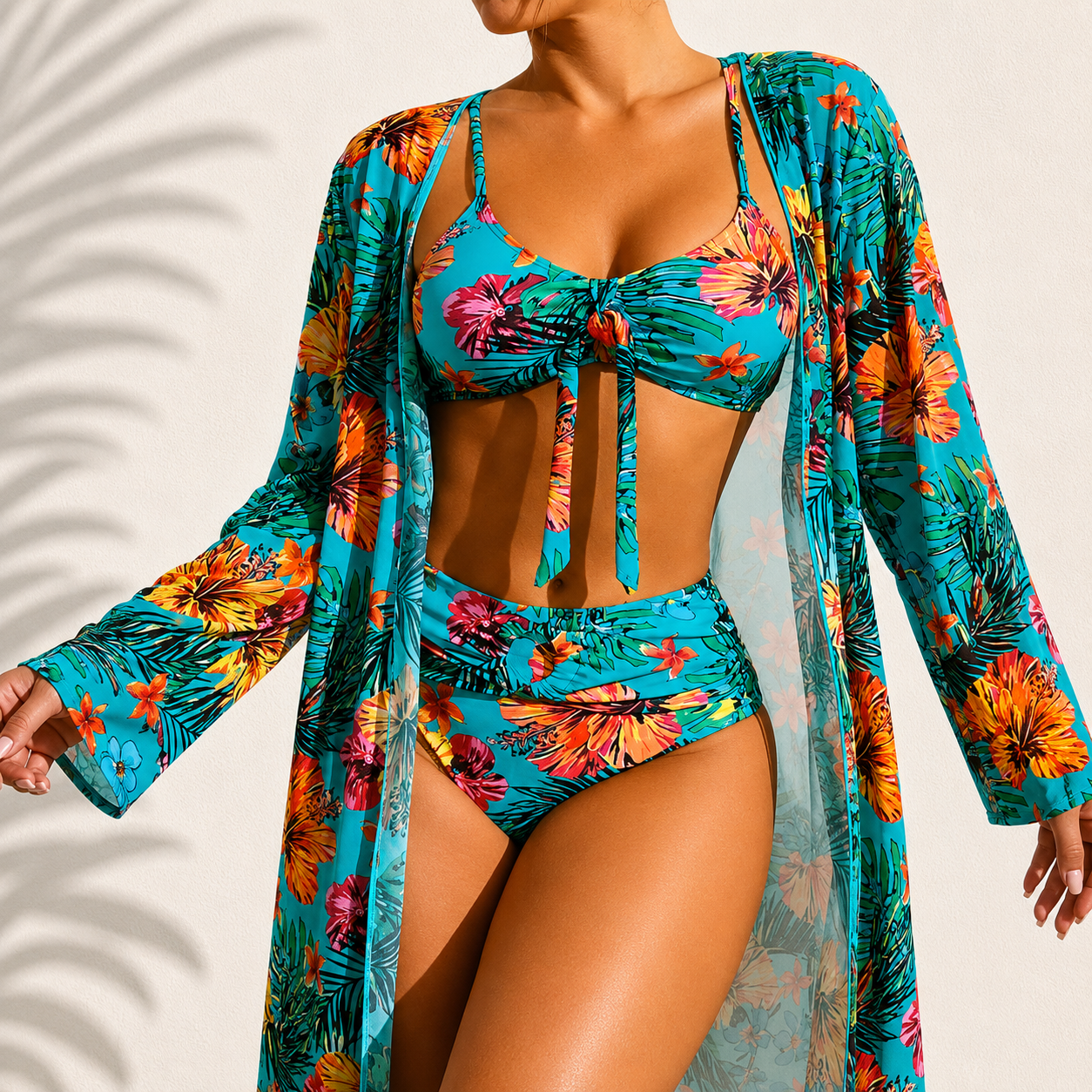 Isabel | Bikini Tre Pezzi Tropicale con Kimono
