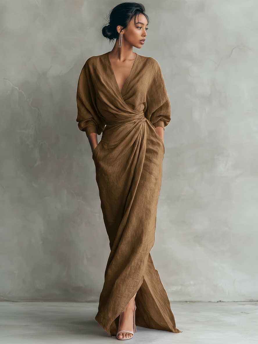 Eleonora - Abito Maxi in Lino Rosa con Scollo a V