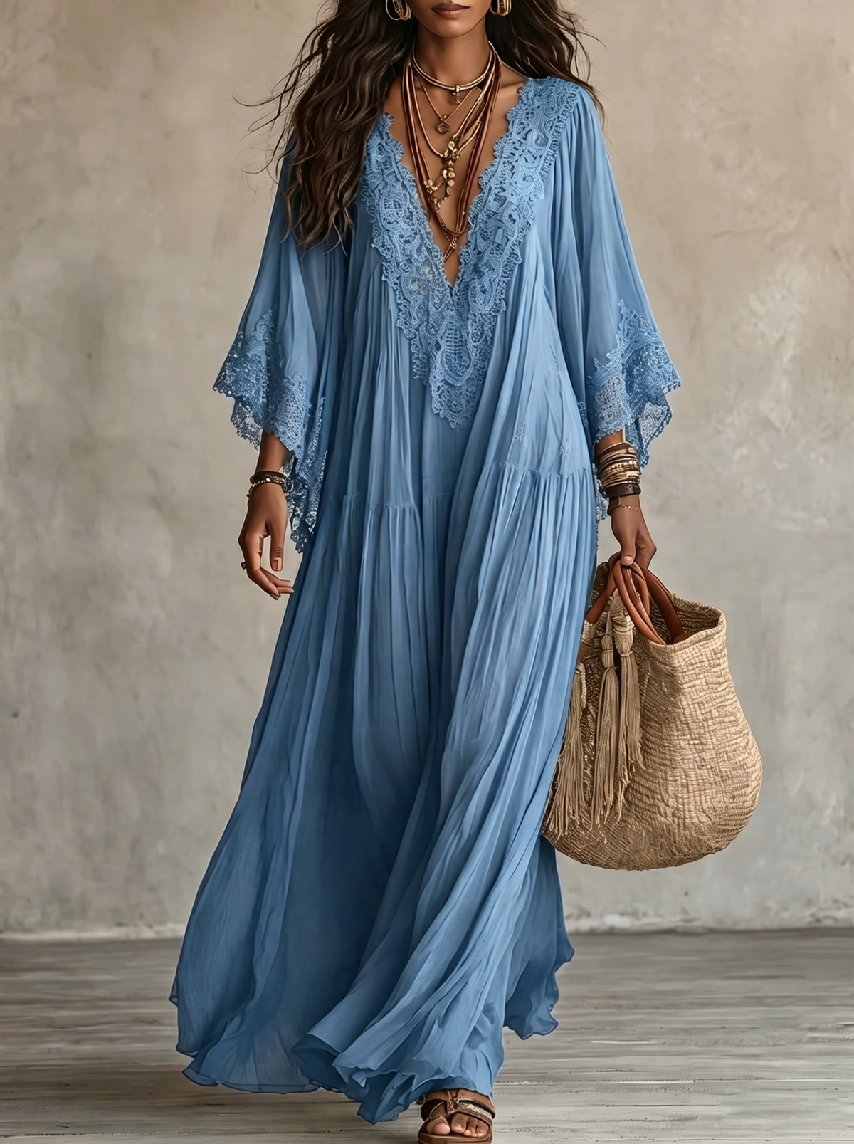 Verena | Abito Lungo Boho con Ricami sul Décolleté