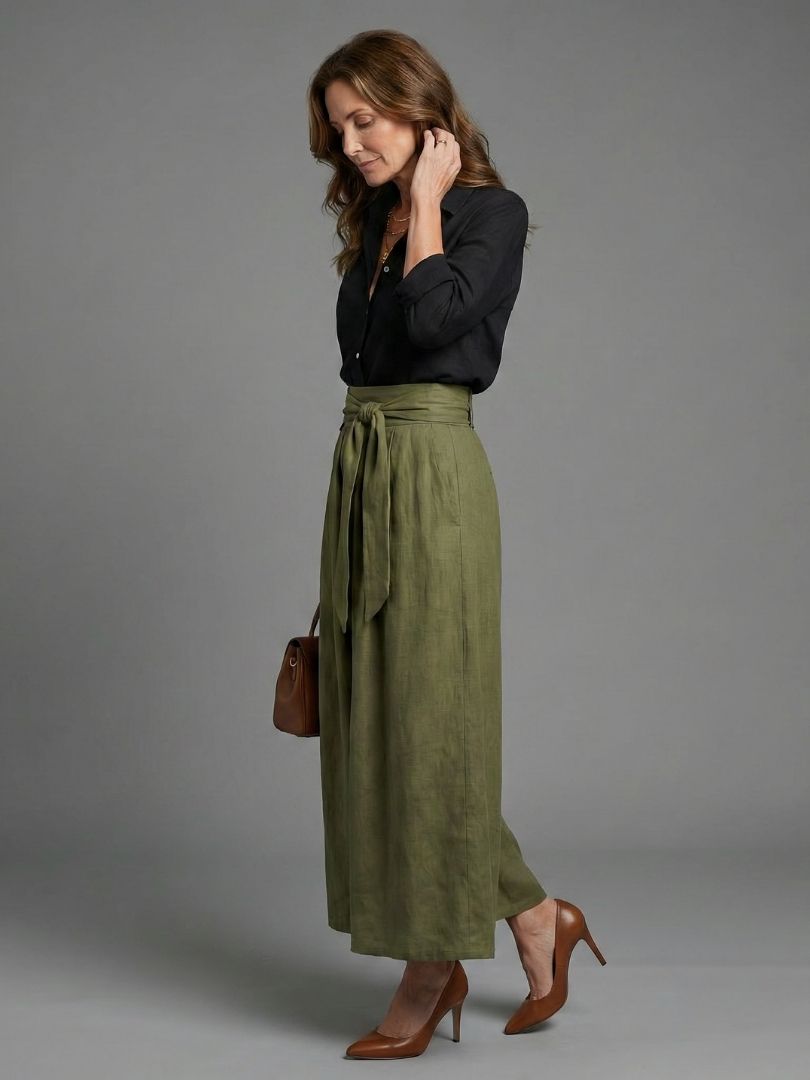 Vera | Set di Due Pezzi Blusa Nera Gonna Midi Verde Oliva