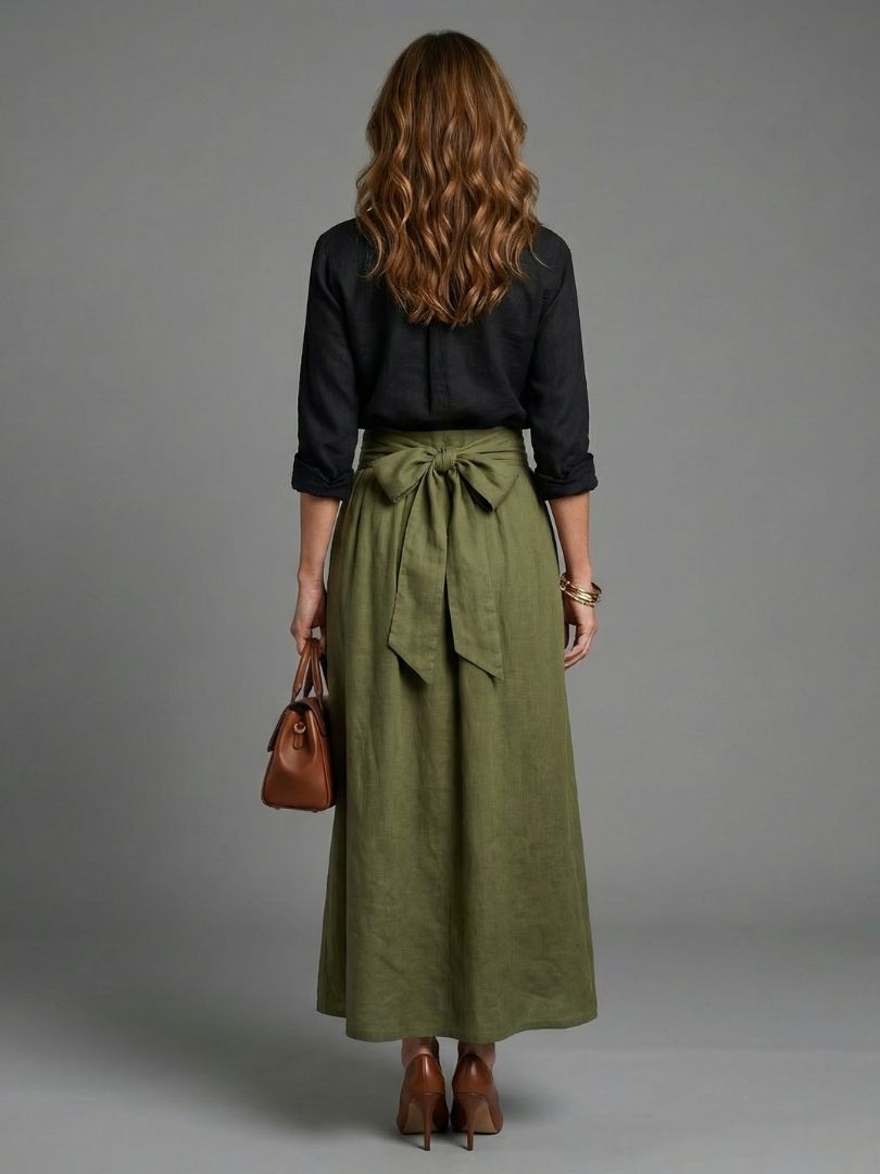 Vera | Set di Due Pezzi Blusa Nera Gonna Midi Verde Oliva