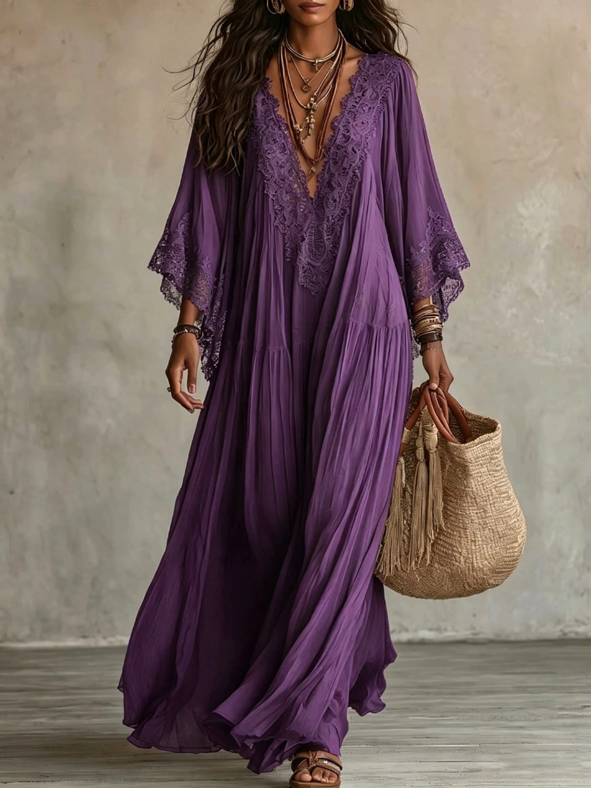 Verena | Abito Lungo Boho con Ricami sul Décolleté