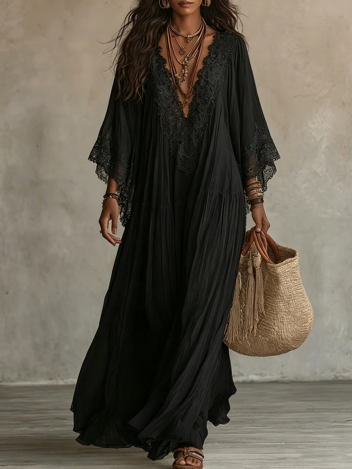 Verena | Abito Lungo Boho con Ricami sul Décolleté