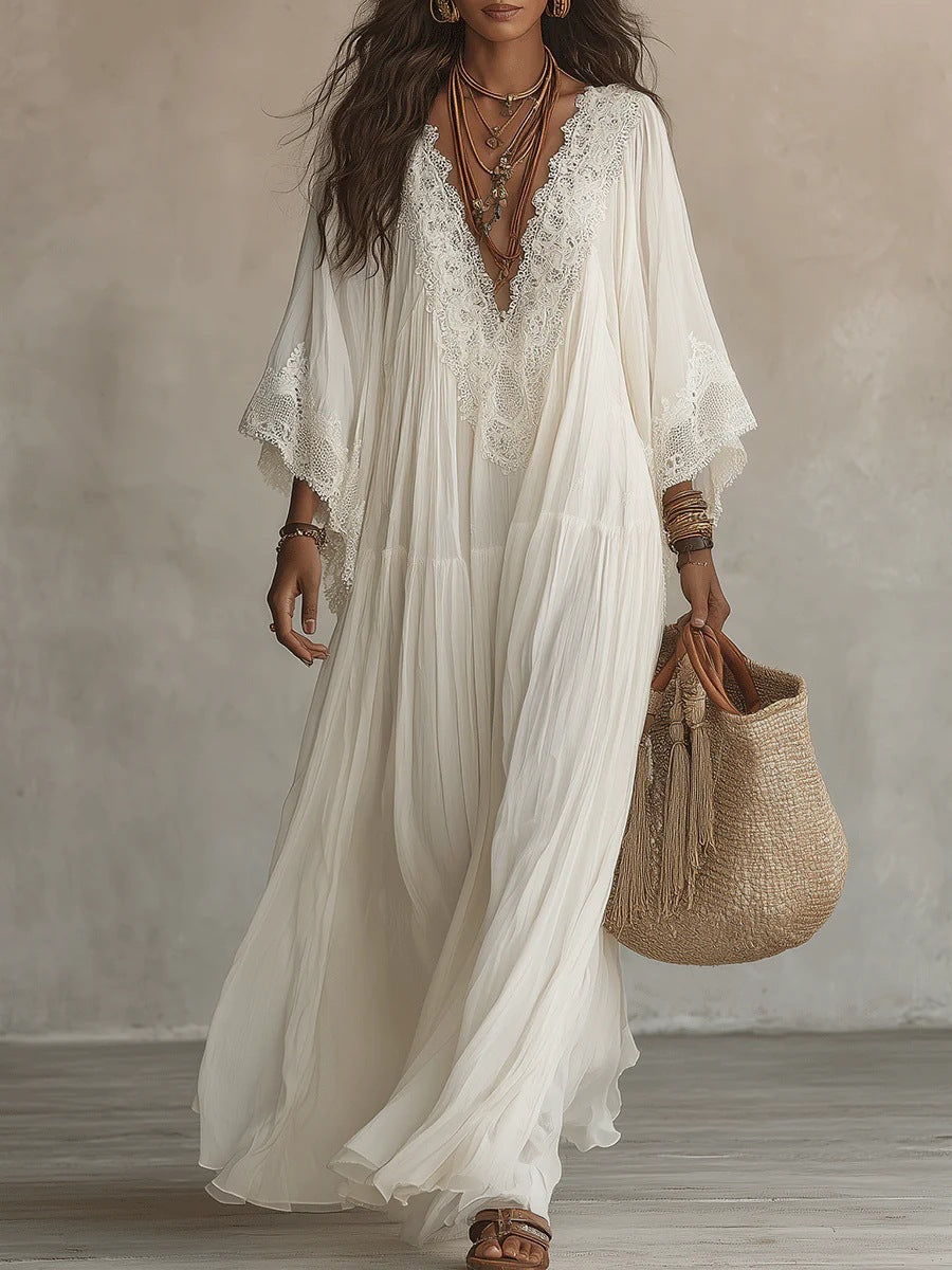 Verena | Abito Lungo Boho con Ricami sul Décolleté