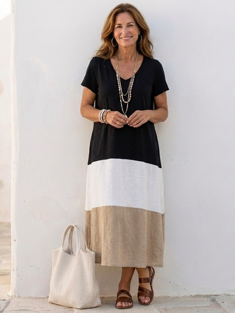 Thalia | Vestito Midi a Manica Corta con Colore Blocco e Scollatura a V