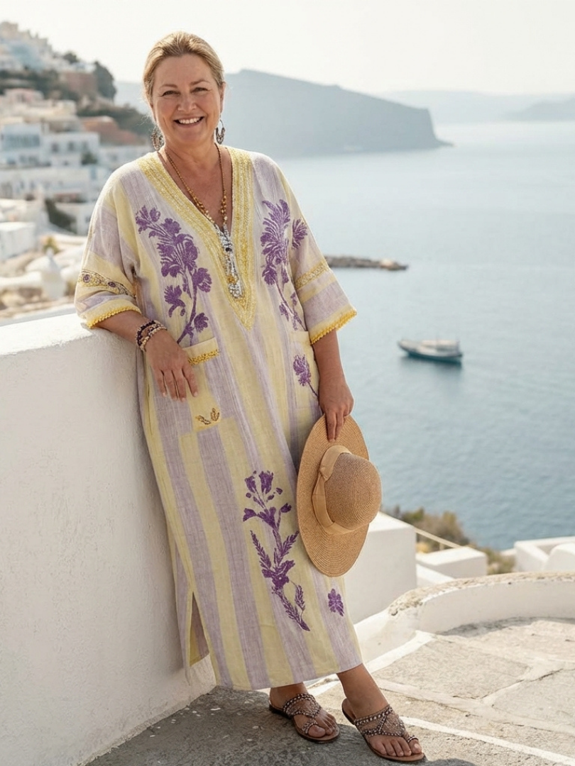 Aurelia | vestito maxi a righe floreali con scollo a V e maniche a tre quarti