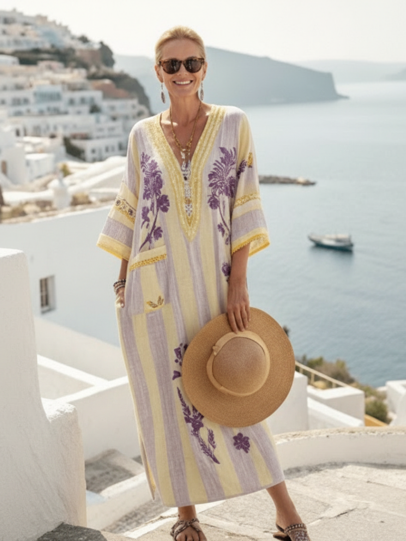 Aurelia | vestito maxi a righe floreali con scollo a V e maniche a tre quarti