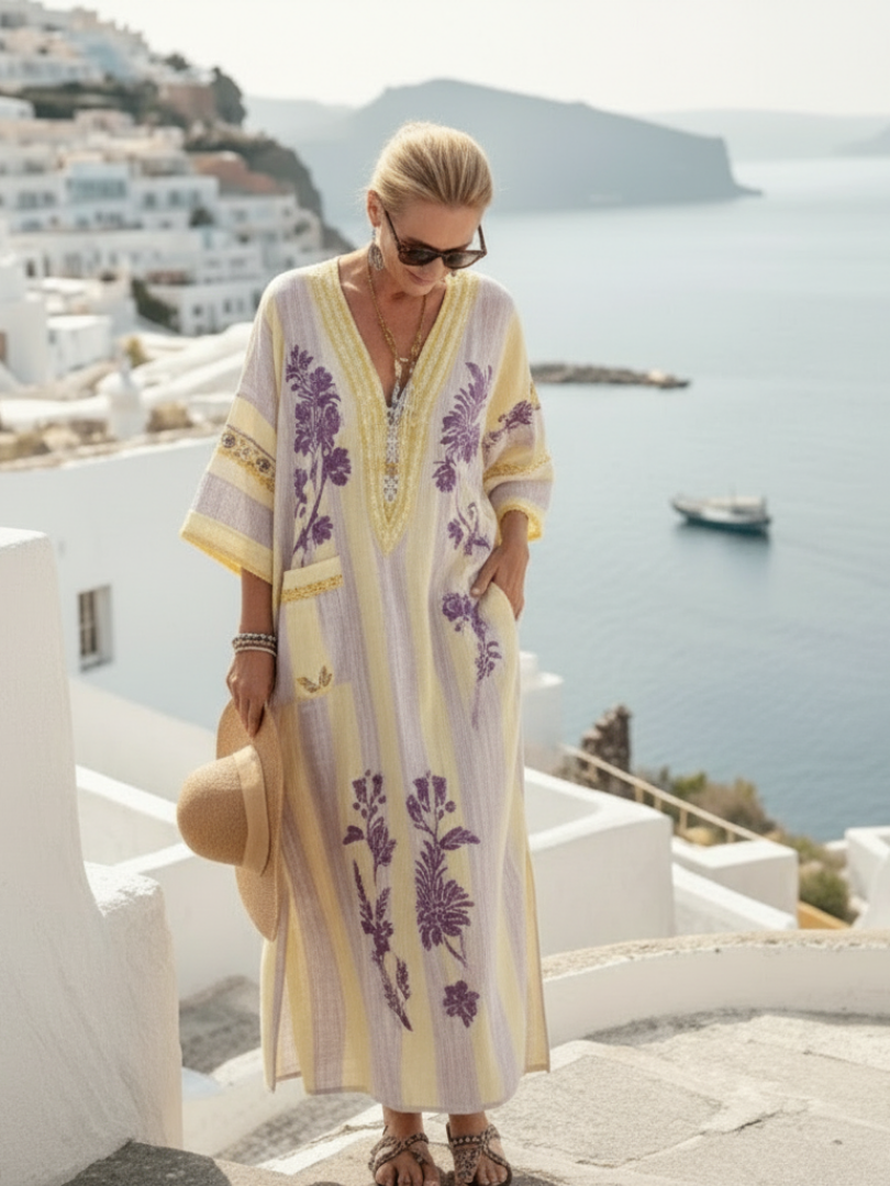 Aurelia | vestito maxi a righe floreali con scollo a V e maniche a tre quarti