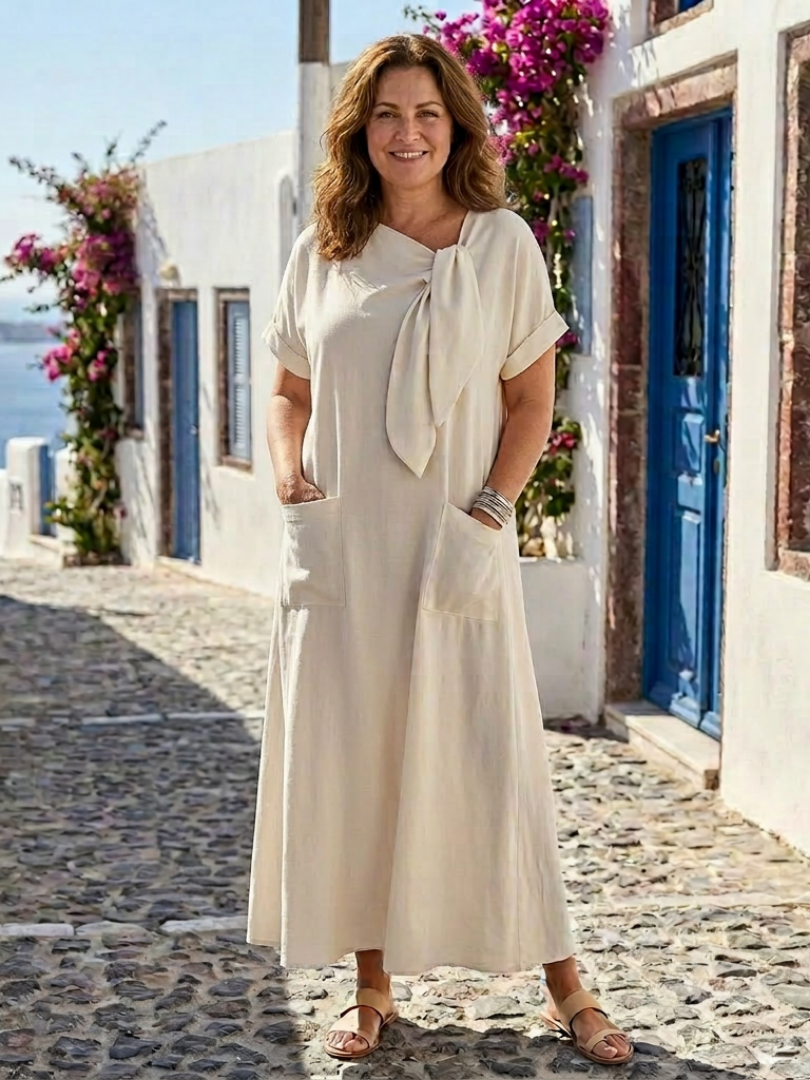 Elowyn | Vestito Maxi con Collo Rotondo e Manica Corta con Tasca