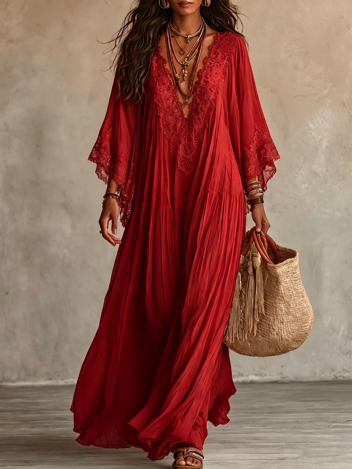 Verena | Abito Lungo Boho con Ricami sul Décolleté
