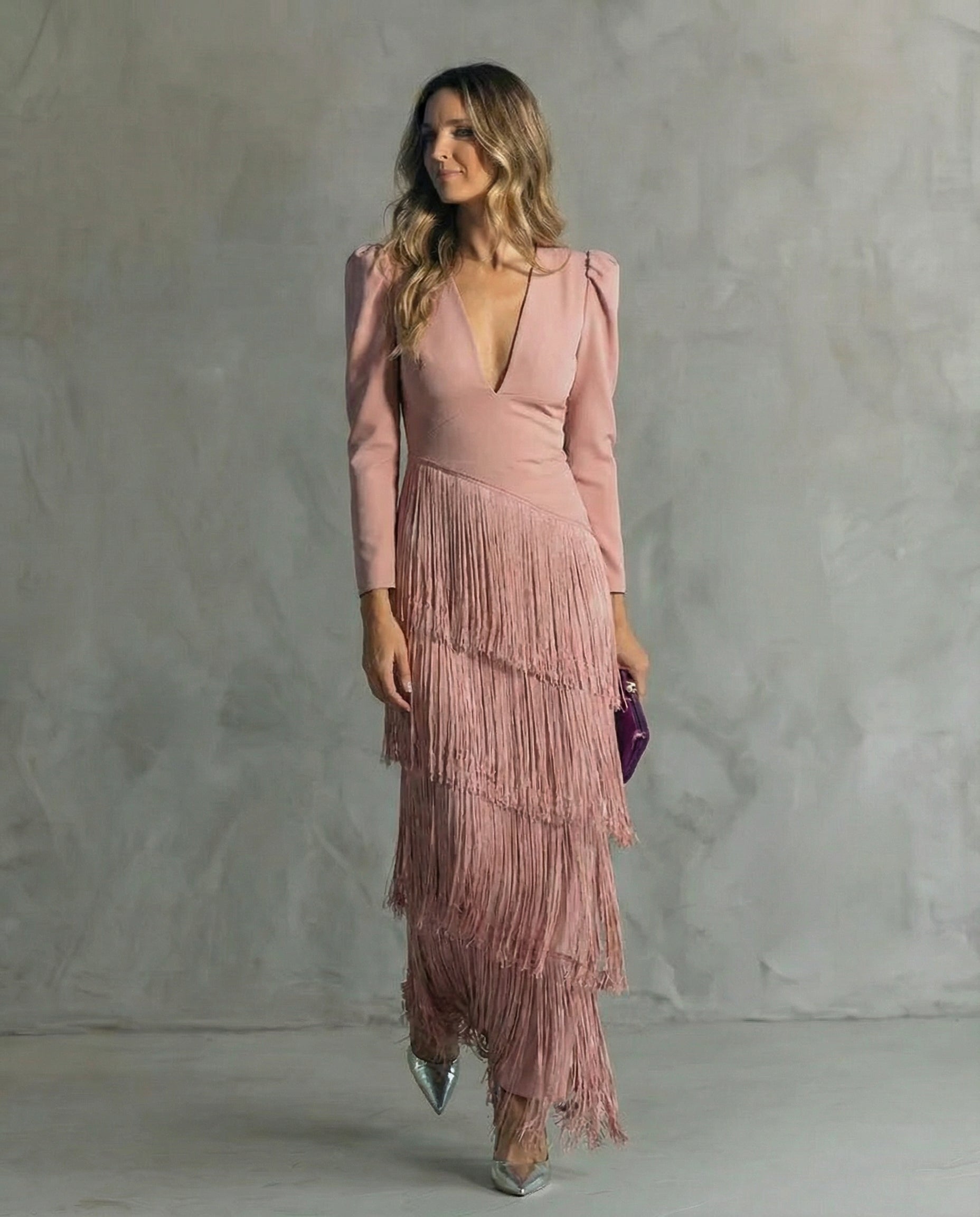 Nicla | Abito Midi con Frange e Scollo a V