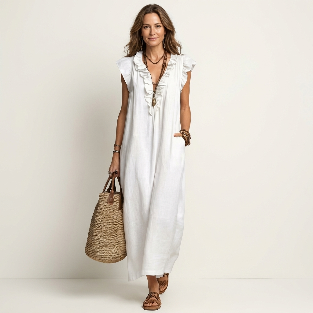 Pia | Abito Maxi con Volant e Scollo a V