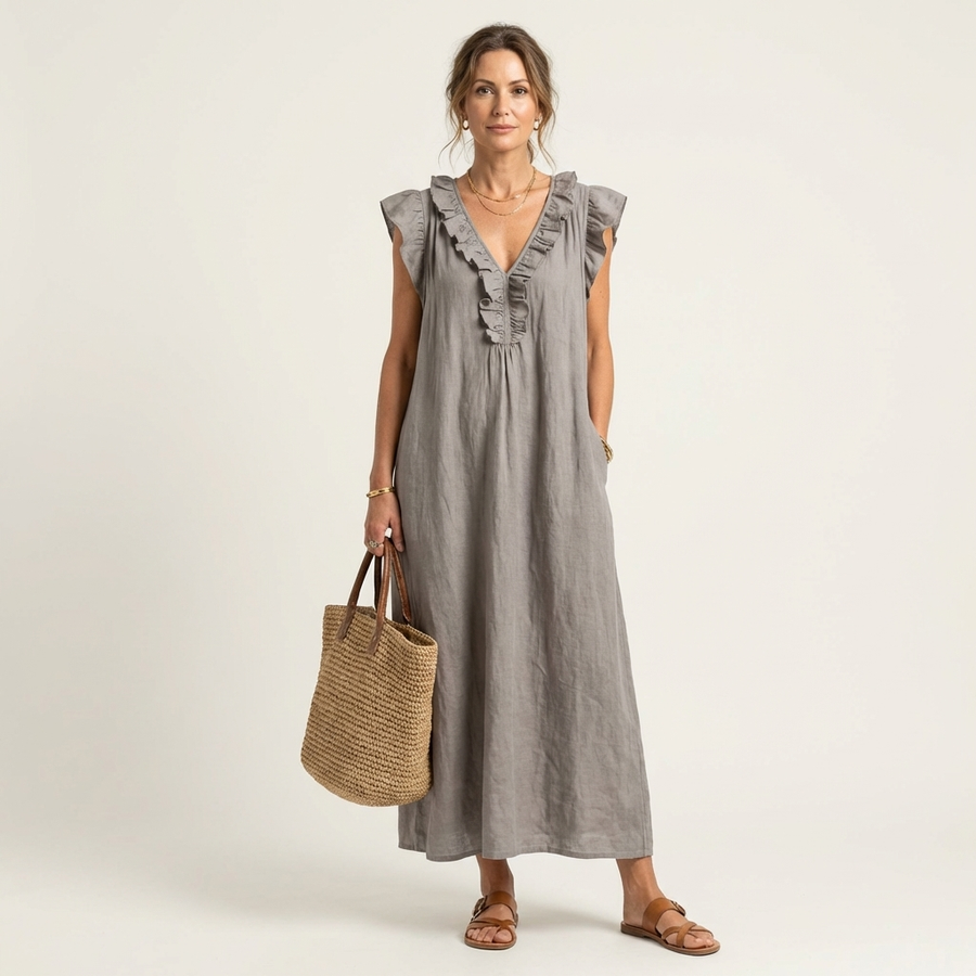 Pia | Abito Maxi con Volant e Scollo a V