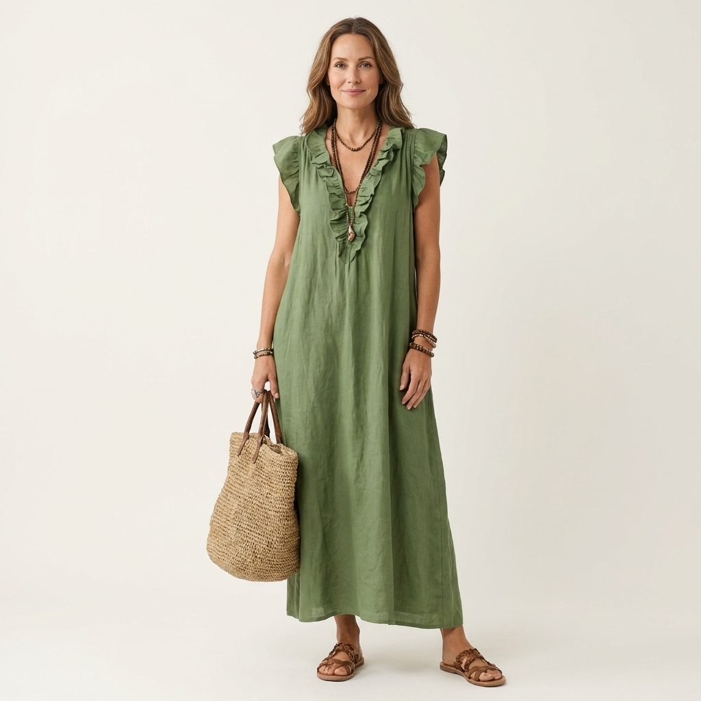 Pia | Abito Maxi con Volant e Scollo a V