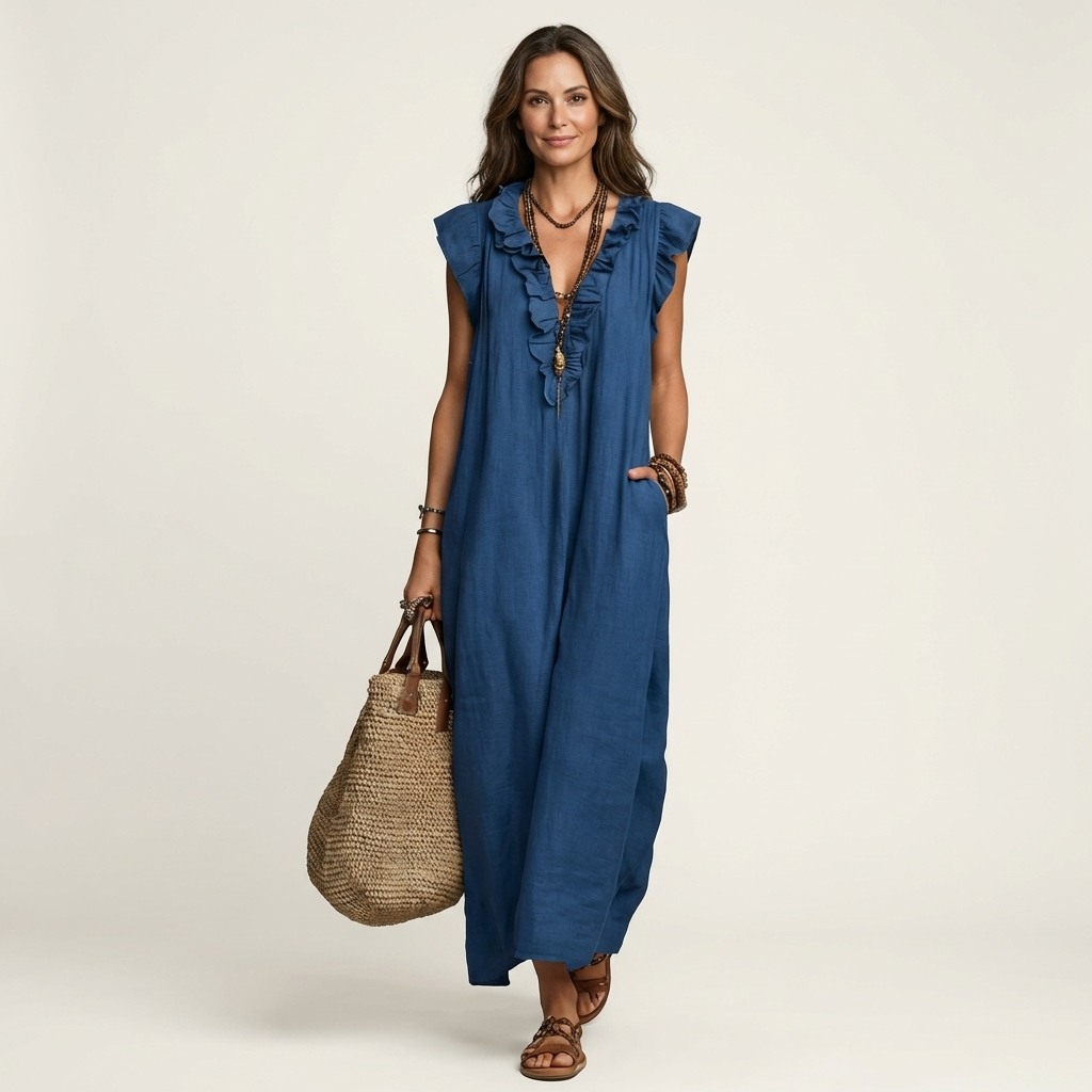 Pia | Abito Maxi con Volant e Scollo a V