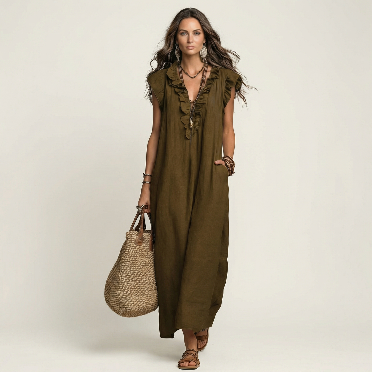 Pia | Abito Maxi con Volant e Scollo a V