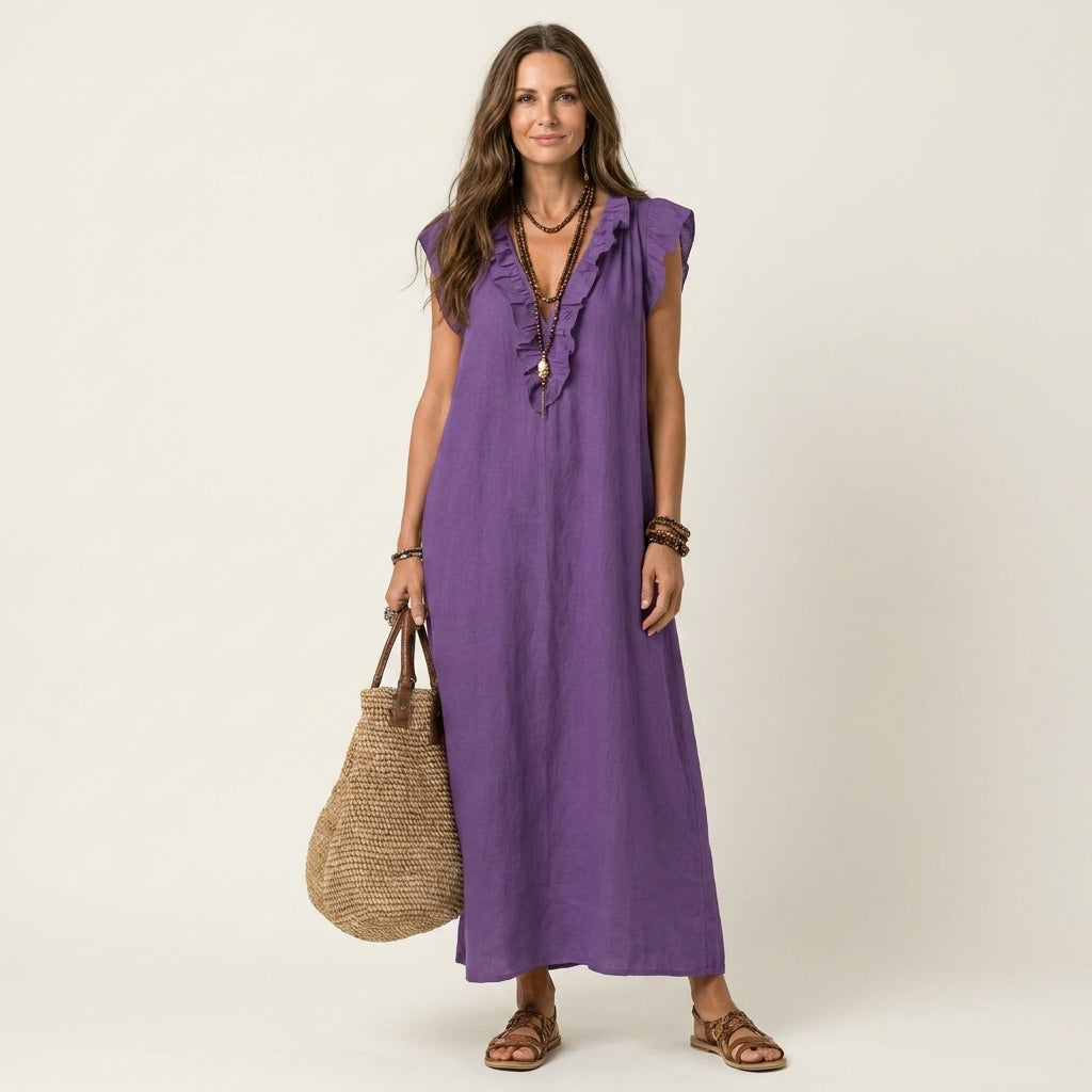 Pia | Abito Maxi con Volant e Scollo a V