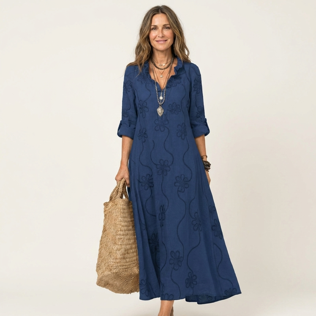 Elisabetta | Abito Maxi Ricamato con Colletto da Camicia