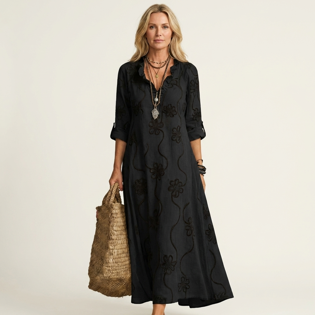 Elisabetta | Abito Maxi Ricamato con Colletto da Camicia