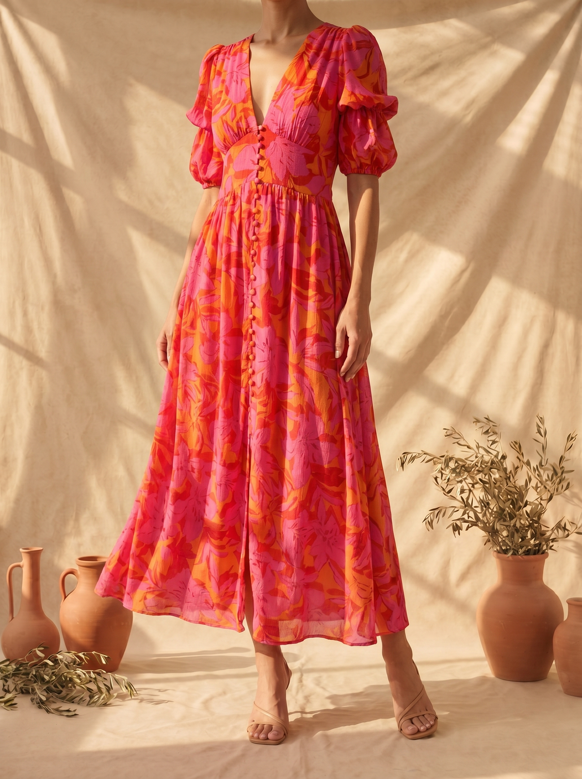 Esterina | Abito Midi Floreale con Scollo a V