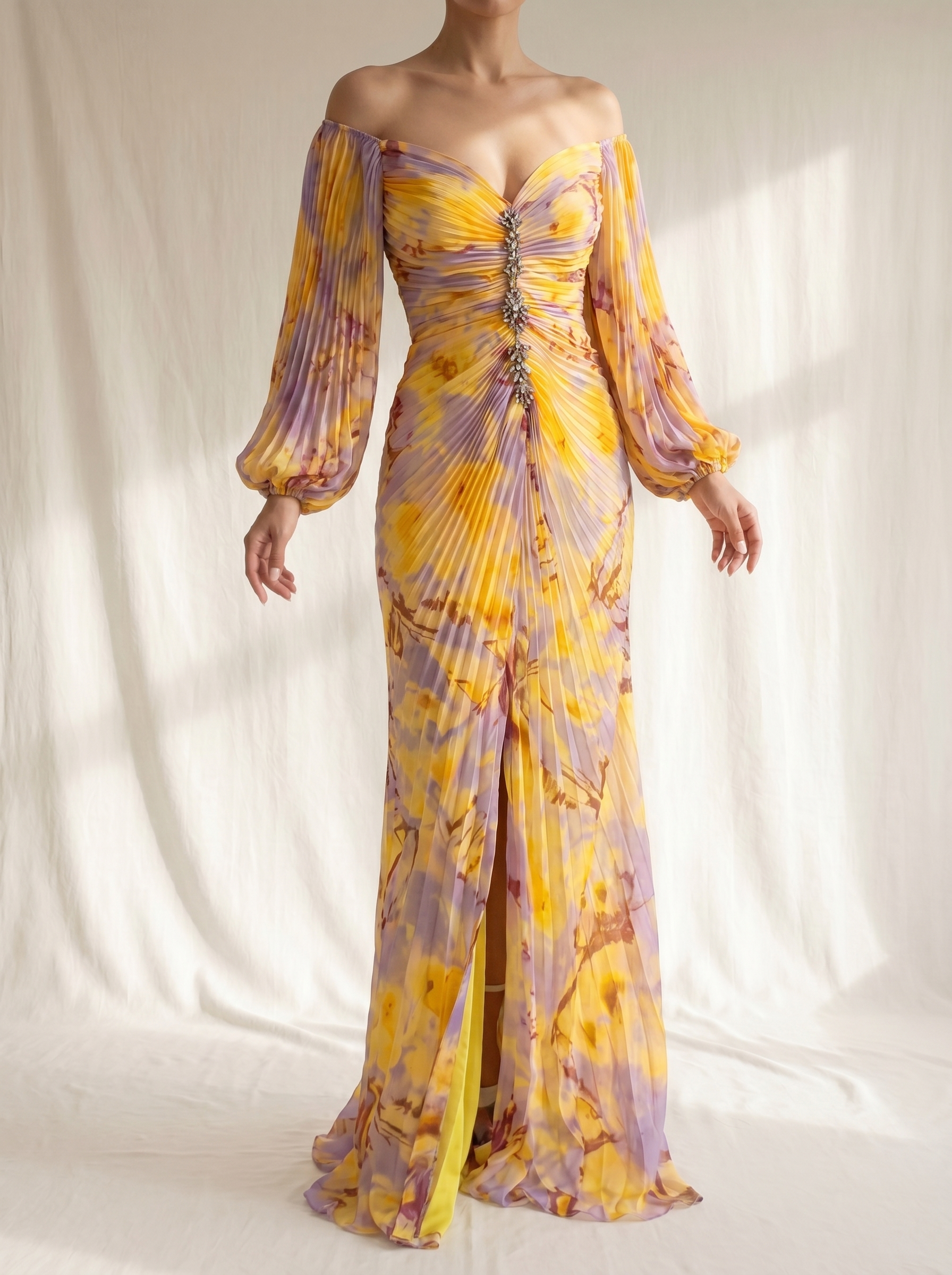 Cleofe | Abito Lungo con Scollo Bardot Floreale
