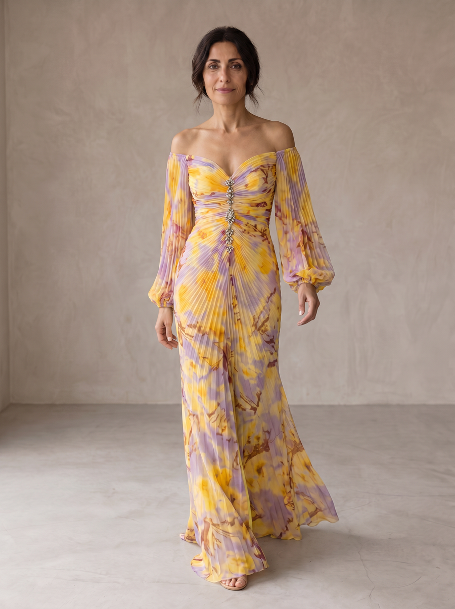 Cleofe | Abito Lungo con Scollo Bardot Floreale
