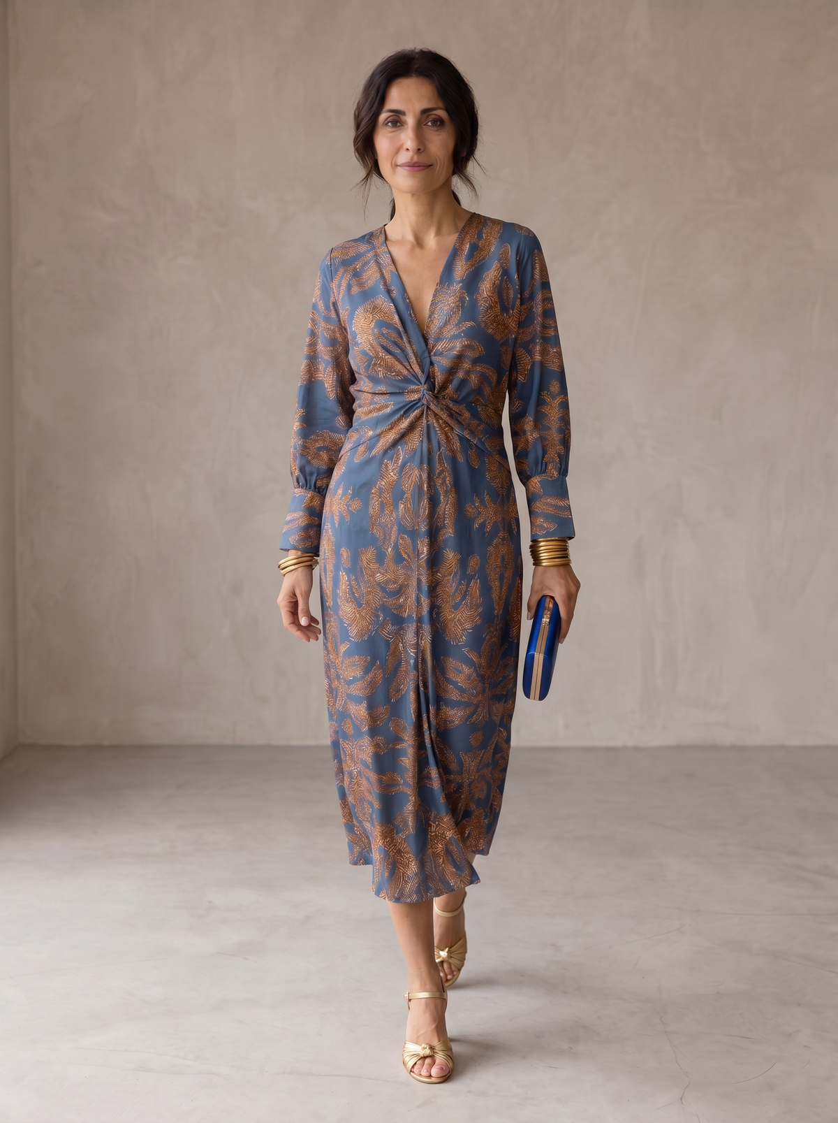 Evelisa | Abito Midi con Scollo a V e Stampa Decorativa